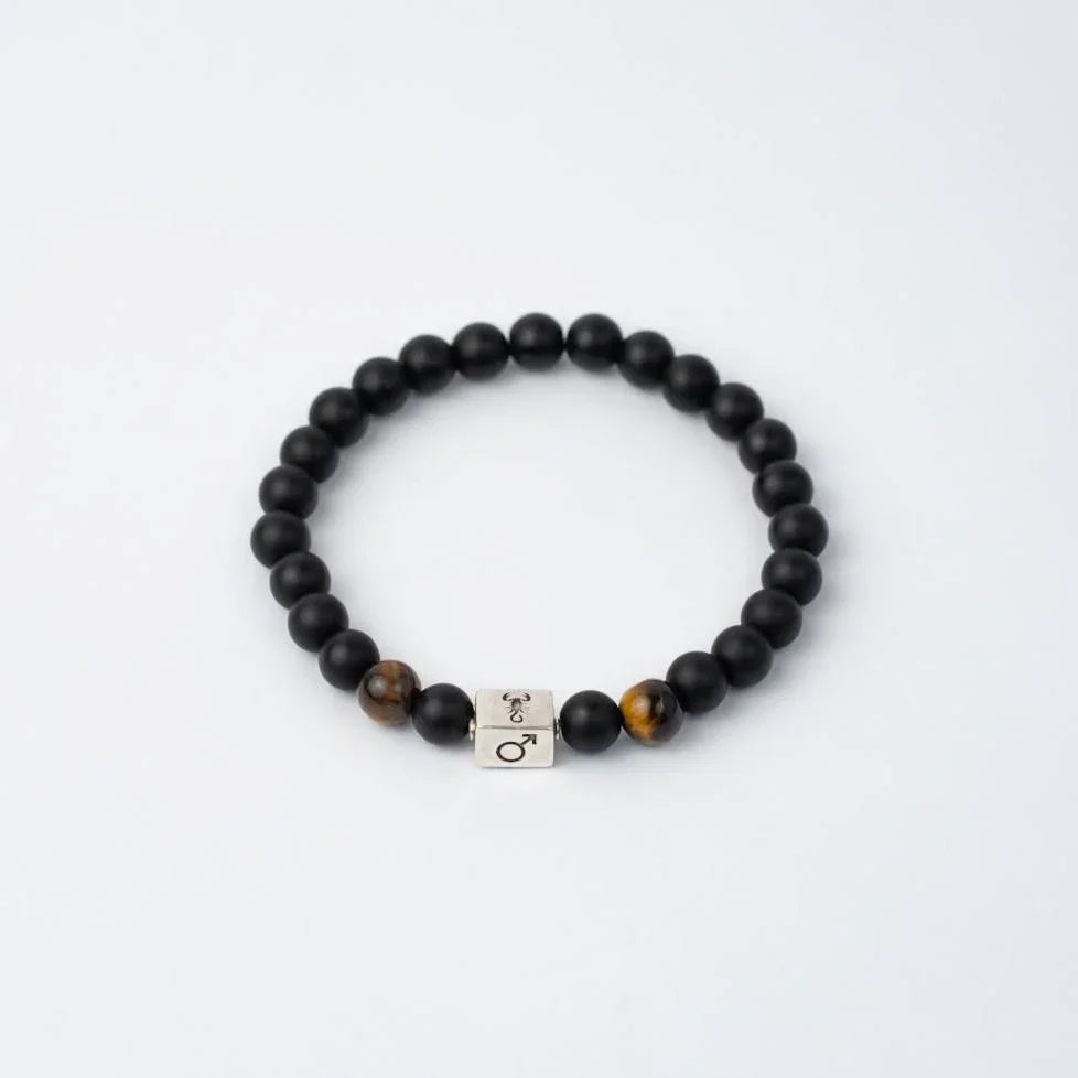 Scorpio Stretch Bead Bracelet with Scorpio Made with Black Agate and Tiger Eye