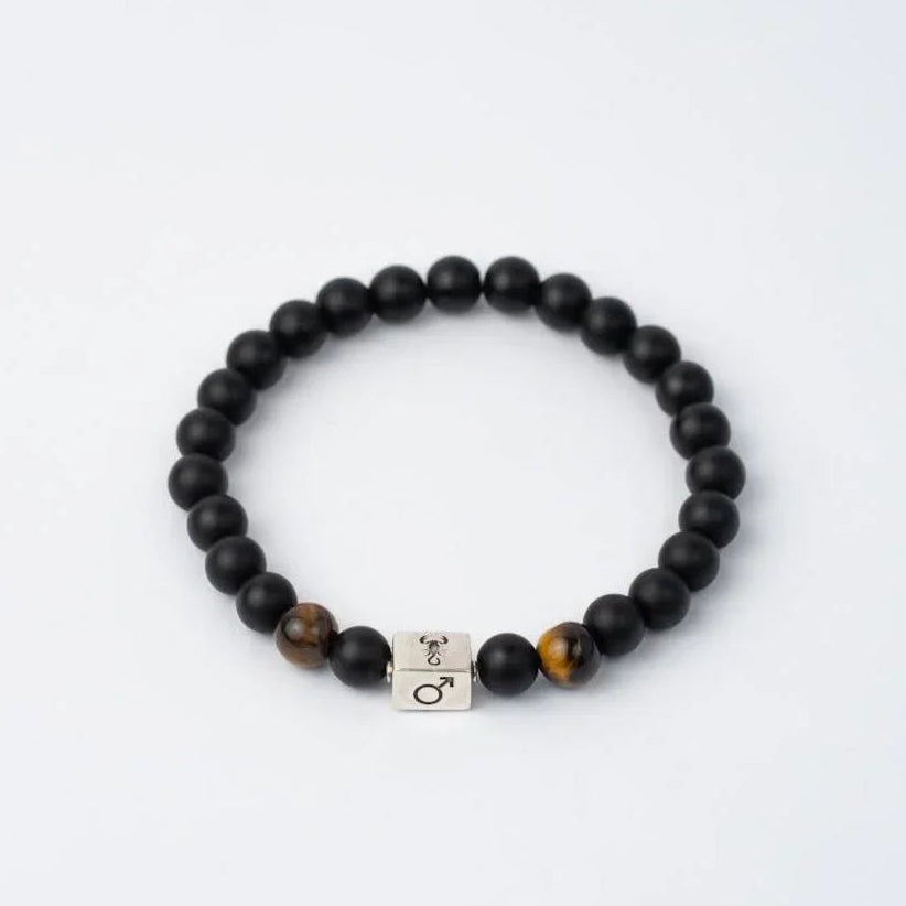 Scorpio Stretch Bead Bracelet with Scorpio Made with Black Agate and Tiger Eye