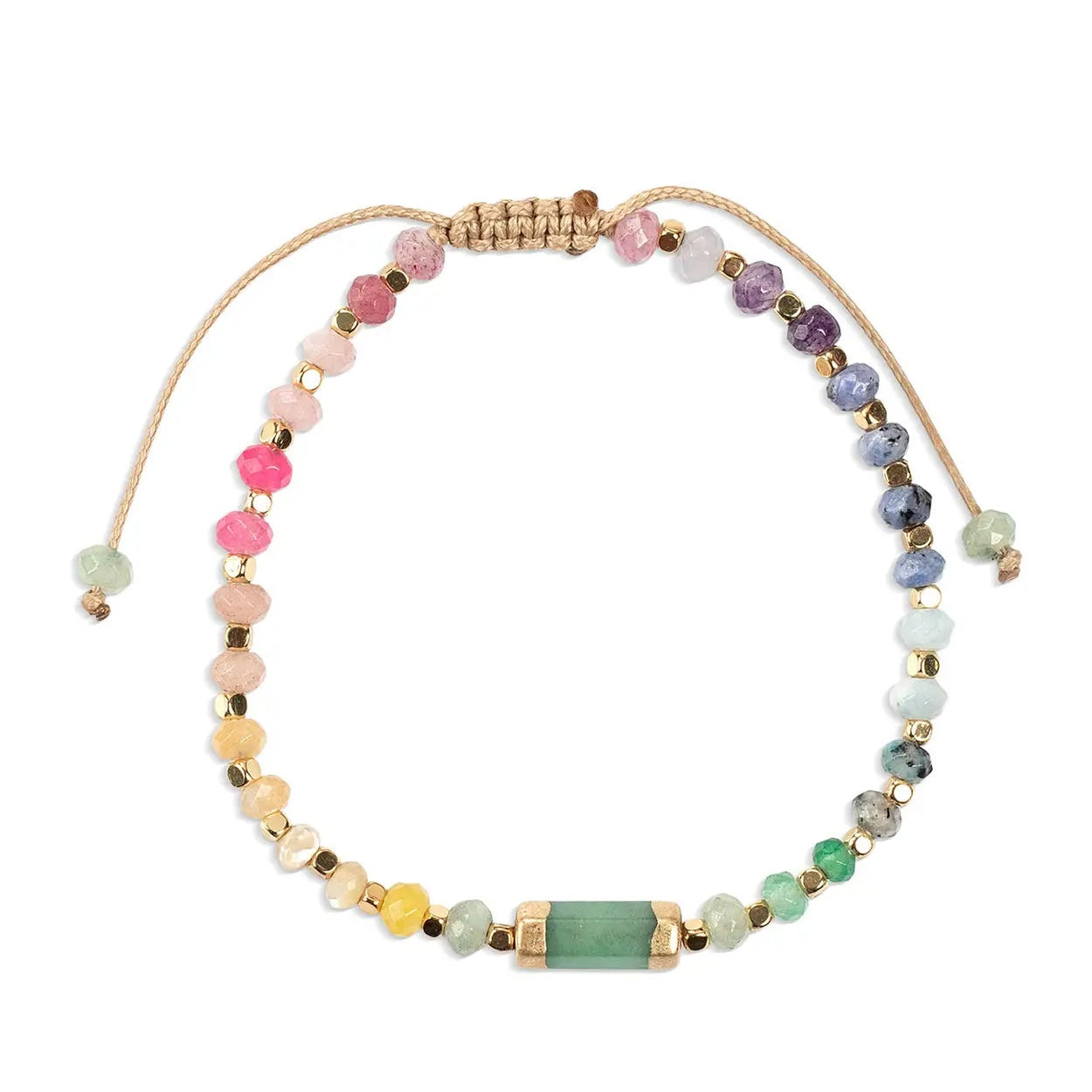 Multicolored beaded necklace on a white background