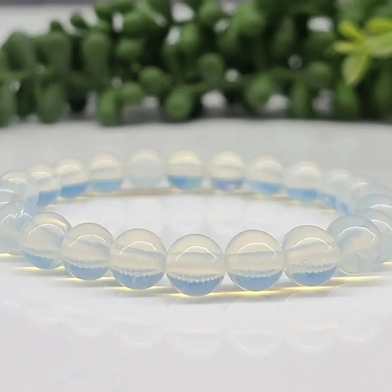 Opalite 8mm Smooth Bead Stretch Bracelet Close Up