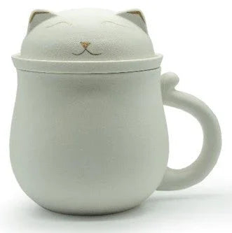 Lucky Cat Mug w/ Strainer & Lid, White, Front