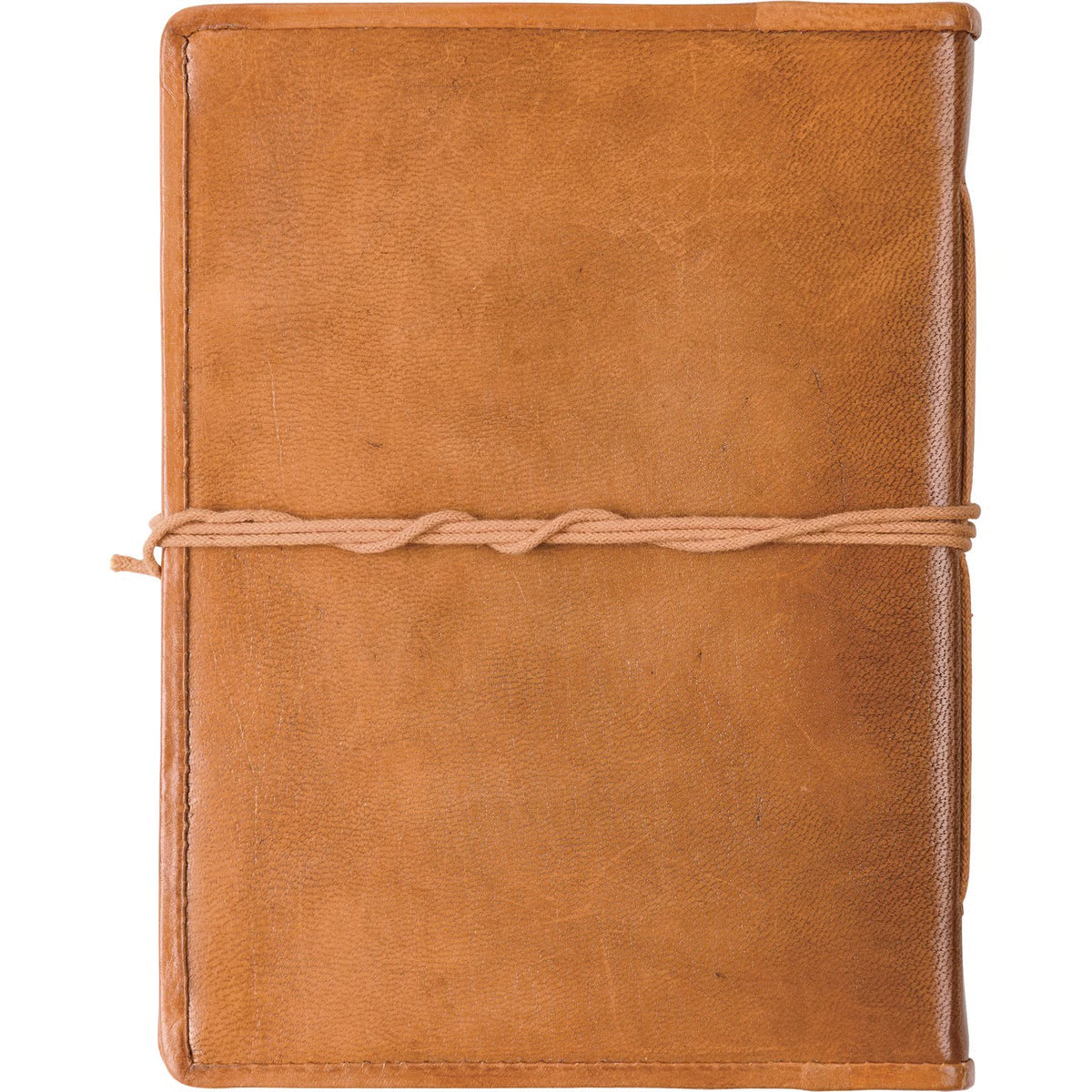 Brown leather notebook with a string closure on a white background