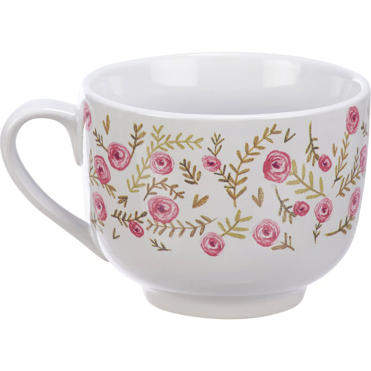 White mug with floral pattern on a white background
