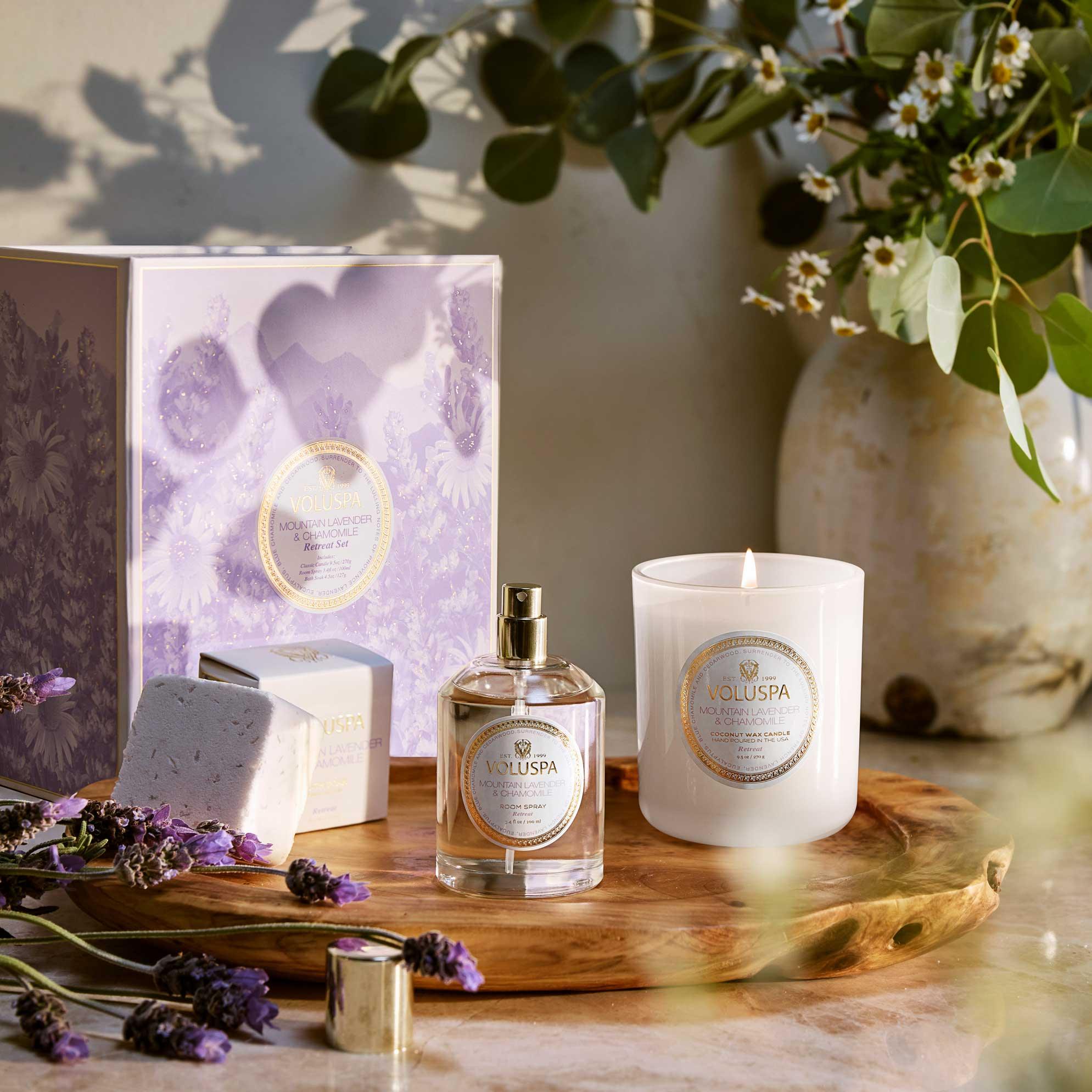 Mountain Lavender and Chamomile Retreat Candle Duo with background setting