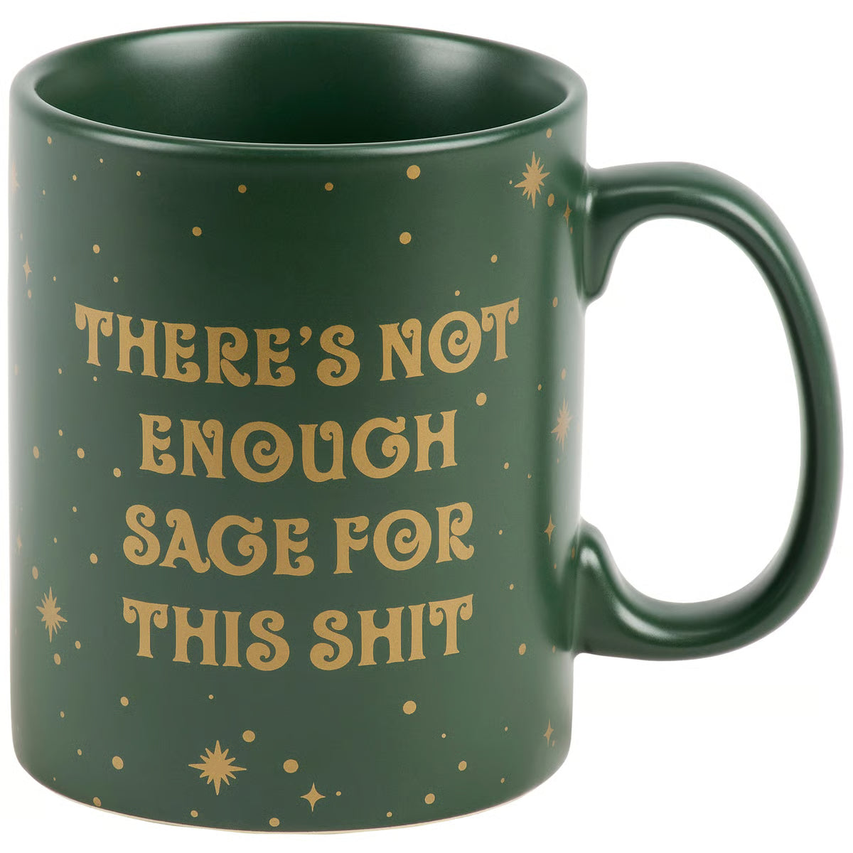 Green mug with gold text and star patterns on a white background