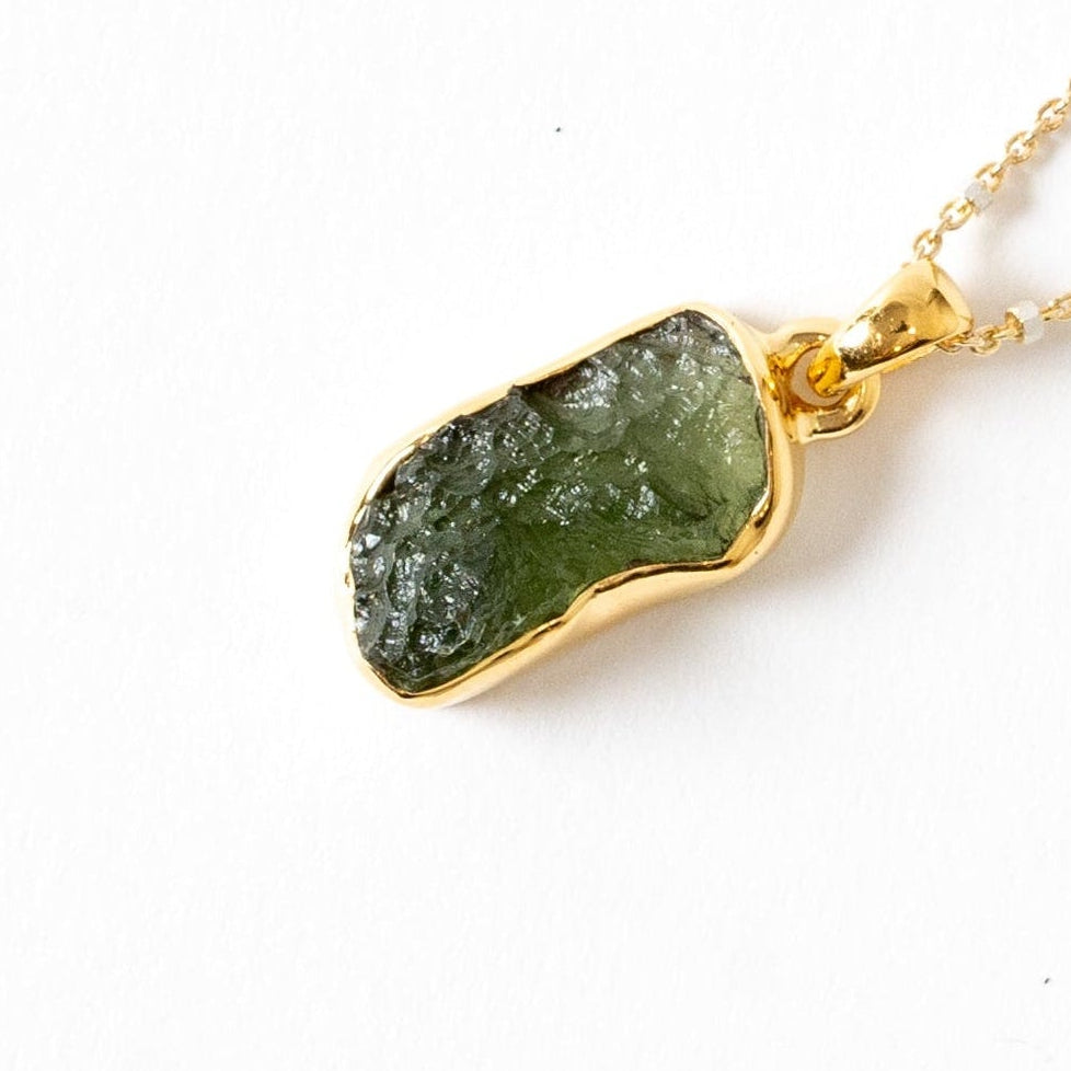 Rough Moldavite Gold Vermeil Pendant for Transformation and Higher Connection Side View