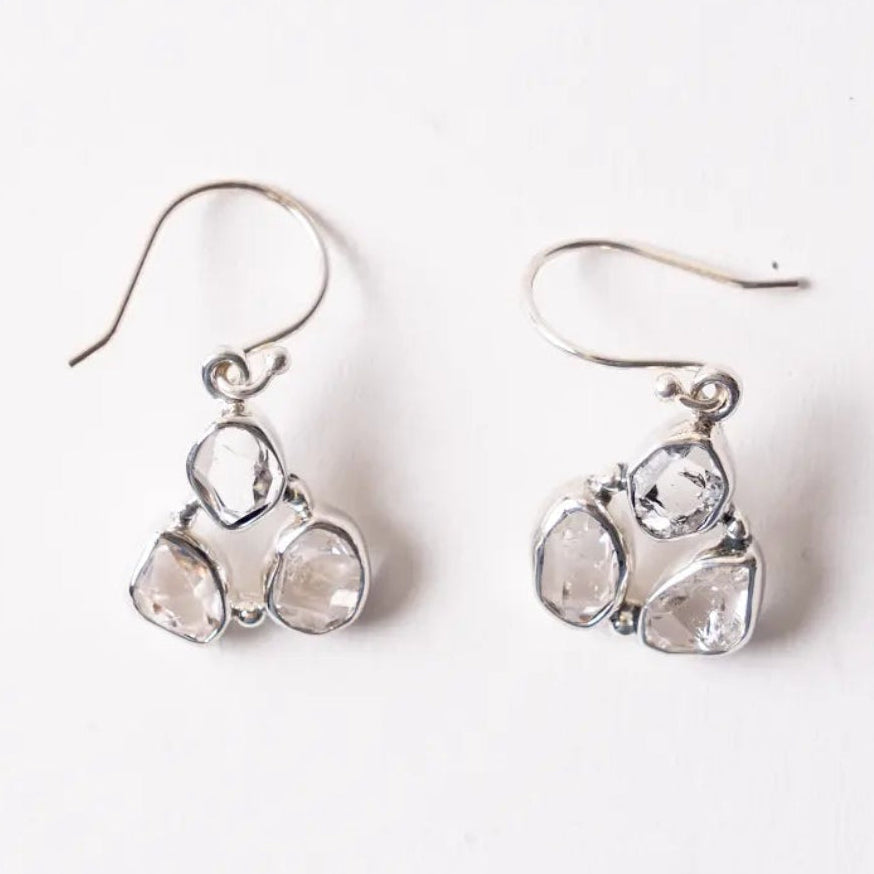 Pair of silver herkimer diamond earrings with clear gemstones on a white background
