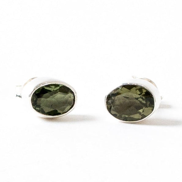 Moldavite Small Faceted Oval Stud Earrings