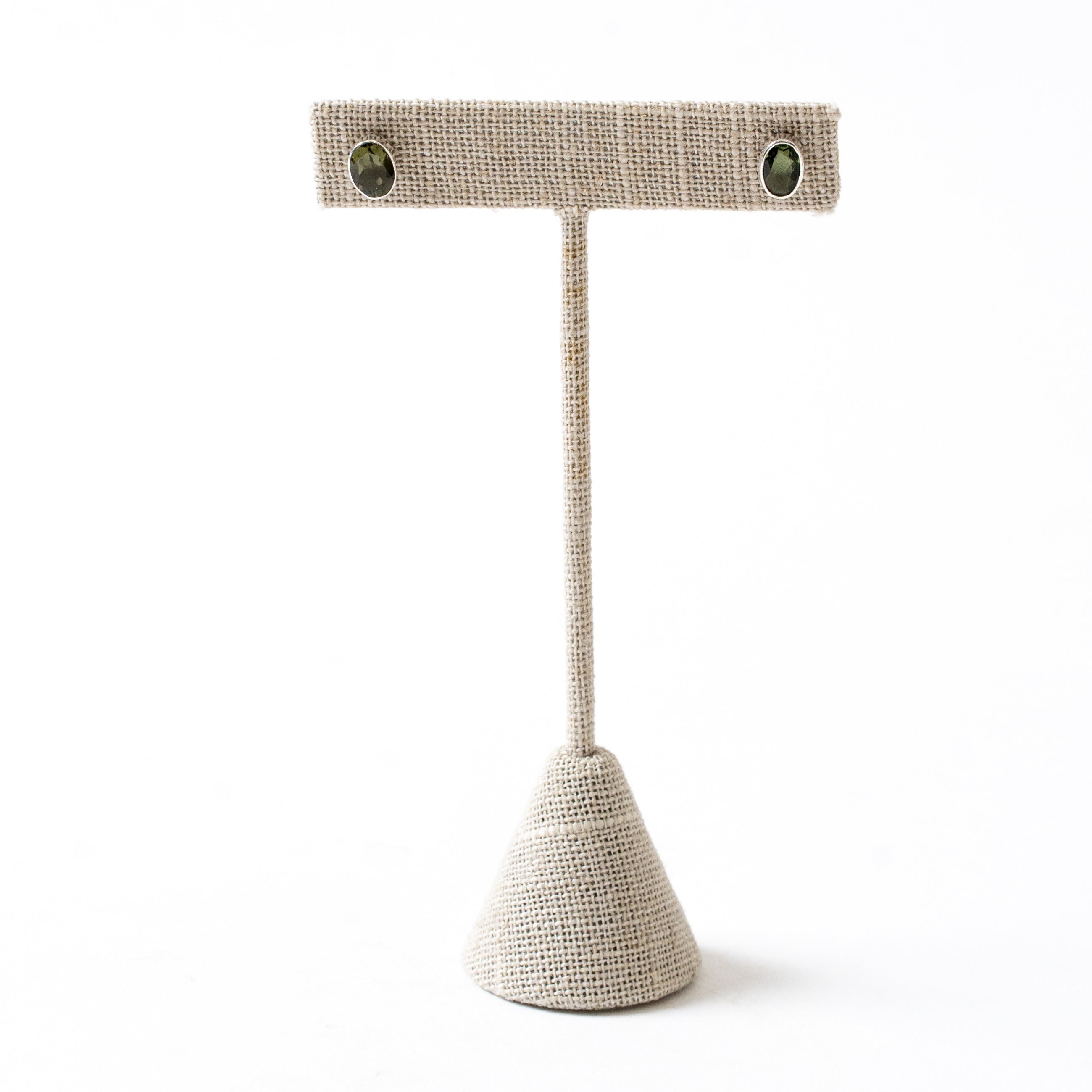 Moldavite Small Faceted Oval Stud Earrings on Stand