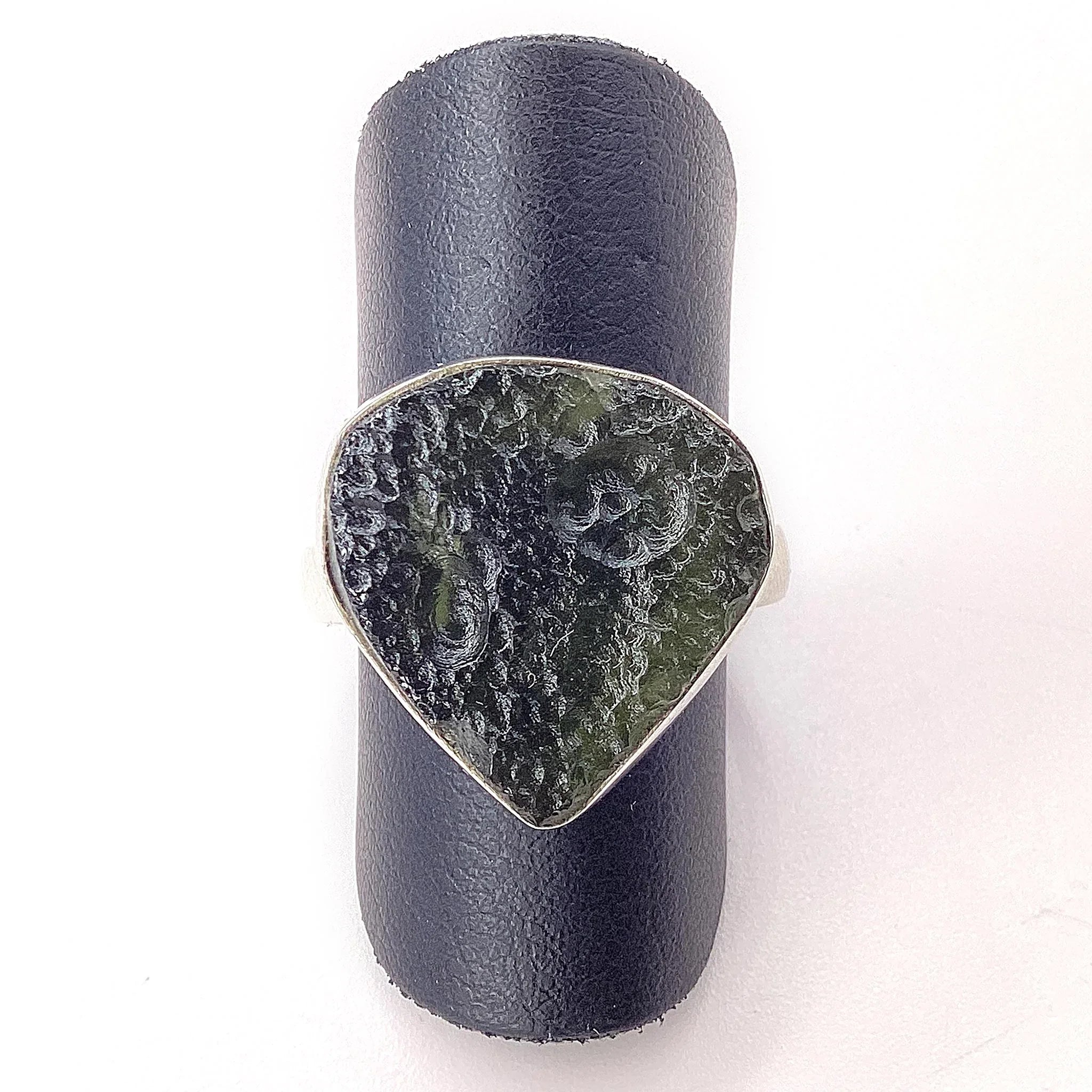 Moldavite Rough Ring 5.3g Sterling Silver front view