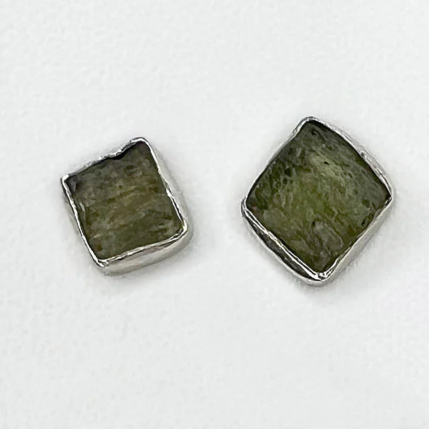 Moldavite Raw Post Earrings in Sterling Silver