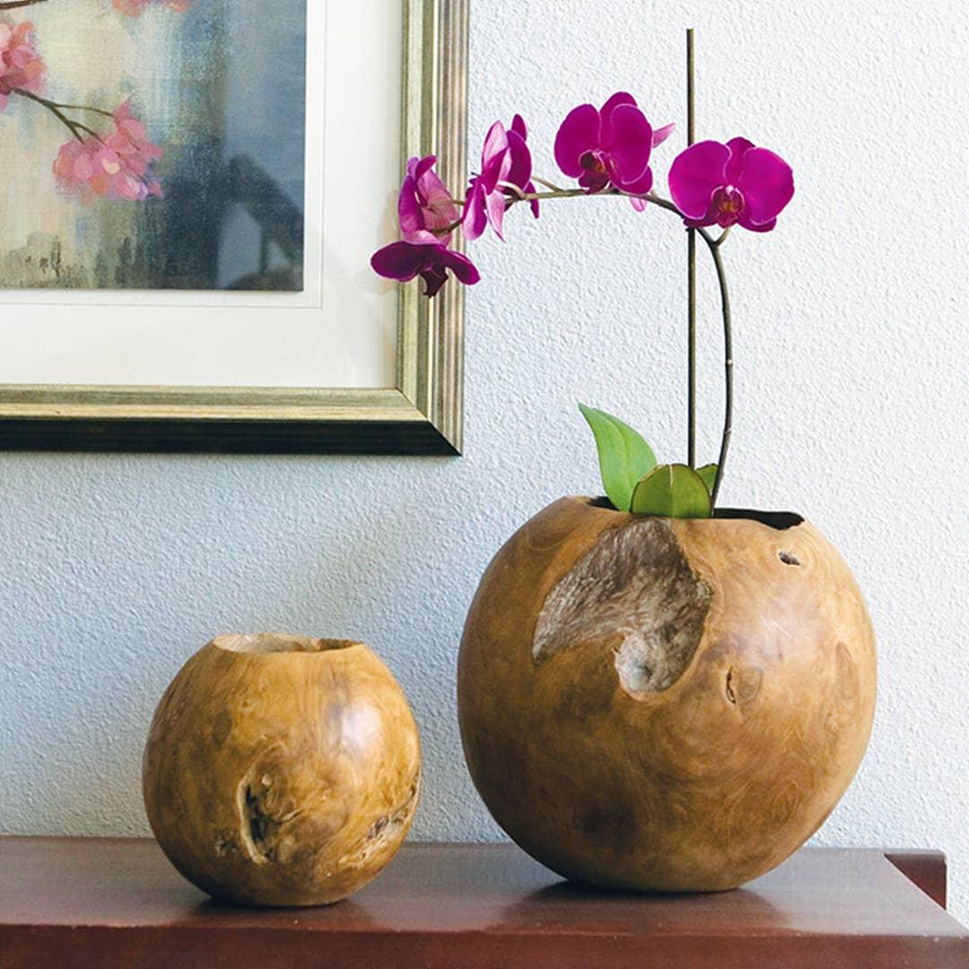 Carved Teak Ball Pot with Orchic