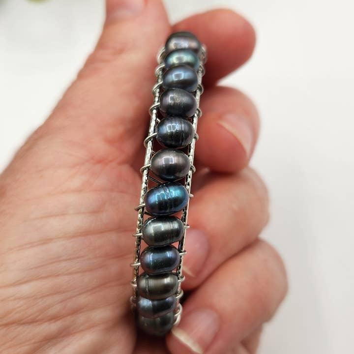 Pearls Peacock Blue Bangle Bracelet 18KT White Gold Overlay Close Up