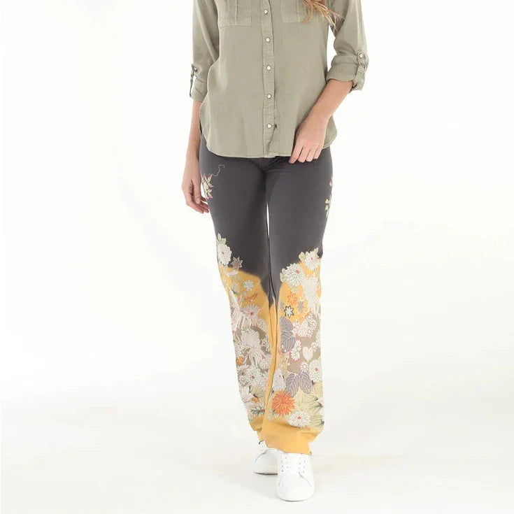 Charcoal Chrysanthemum Print Pants front view