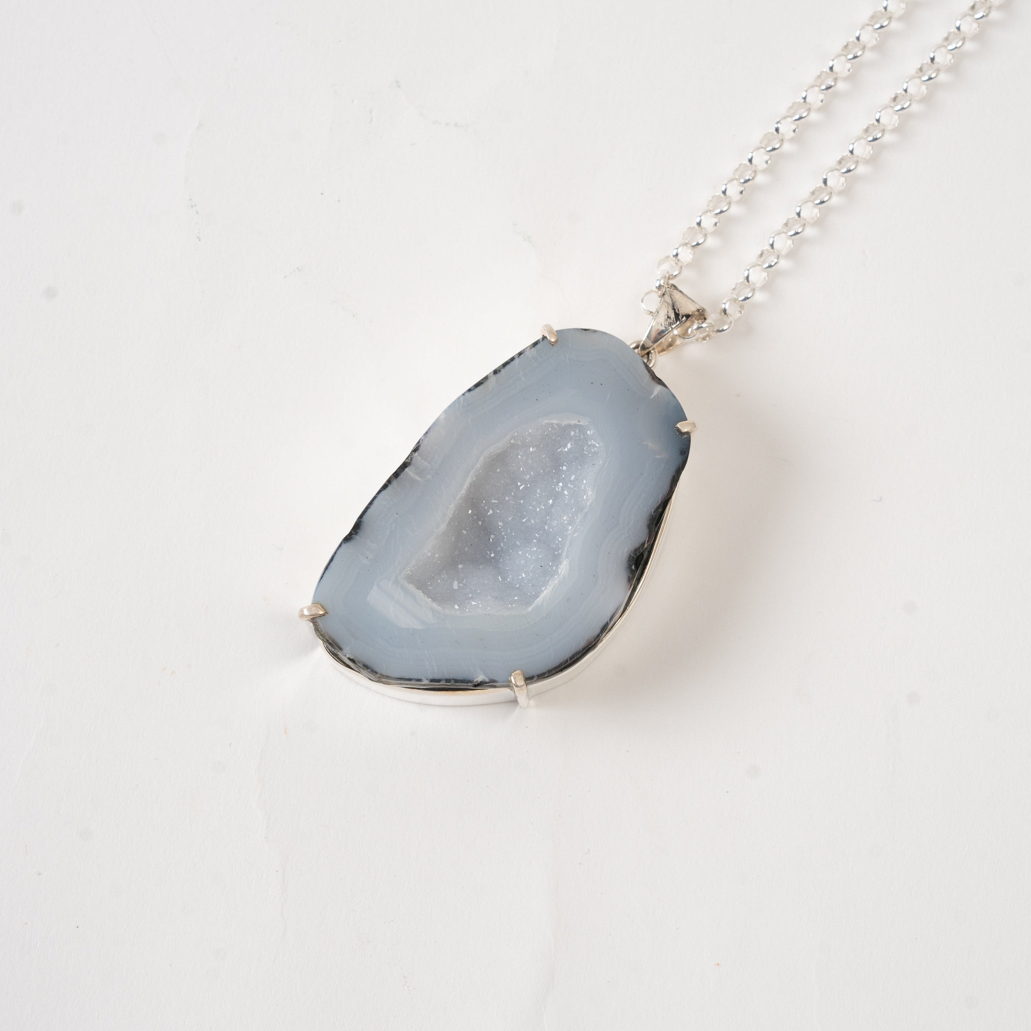 Serene Blue Agate with Crystal Druzy Sterling Silver Necklace