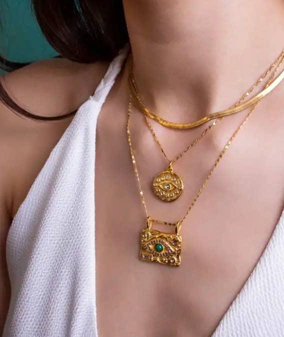 Evil Eye Protection Medallion Talisman 14K Gold Crystal Necklace on Model 2