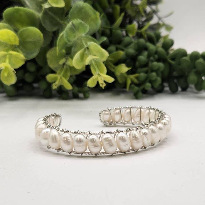 Pearls White Bangle Bracelet 18KT White Gold Overlay Full View