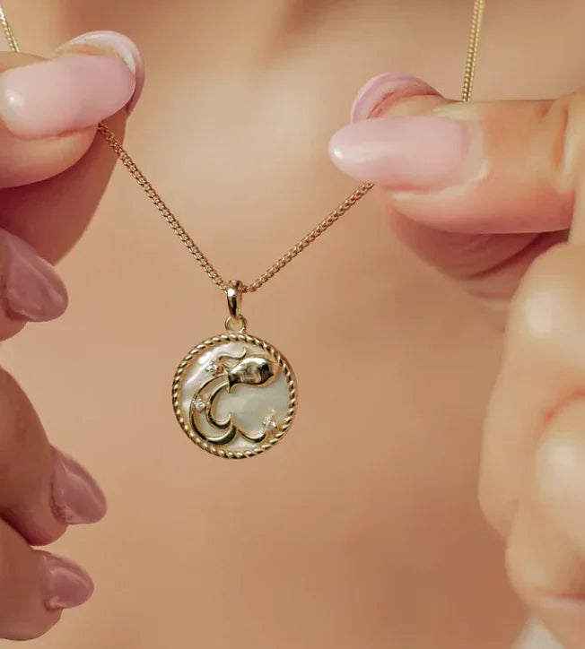 Aquarius Mother of Pearl Zodiac Sign Medallion Necklace Being Held