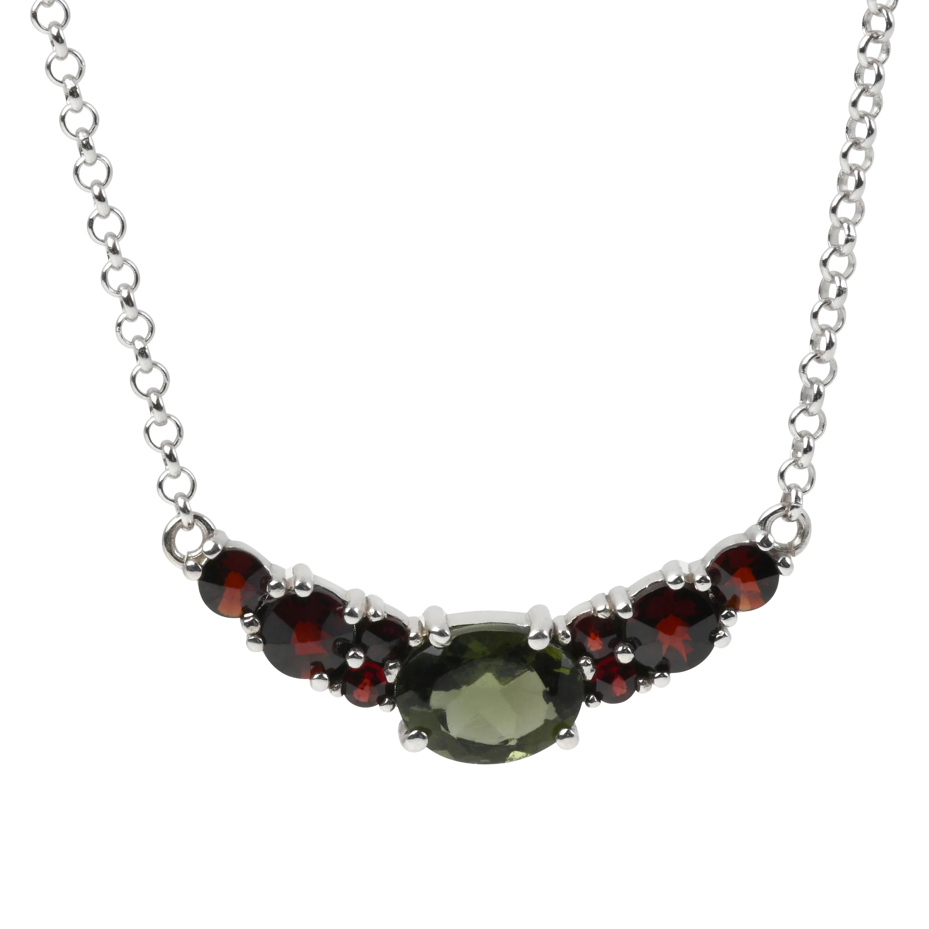 Moldavite and Garnet Faceted Stone Necklace Up close