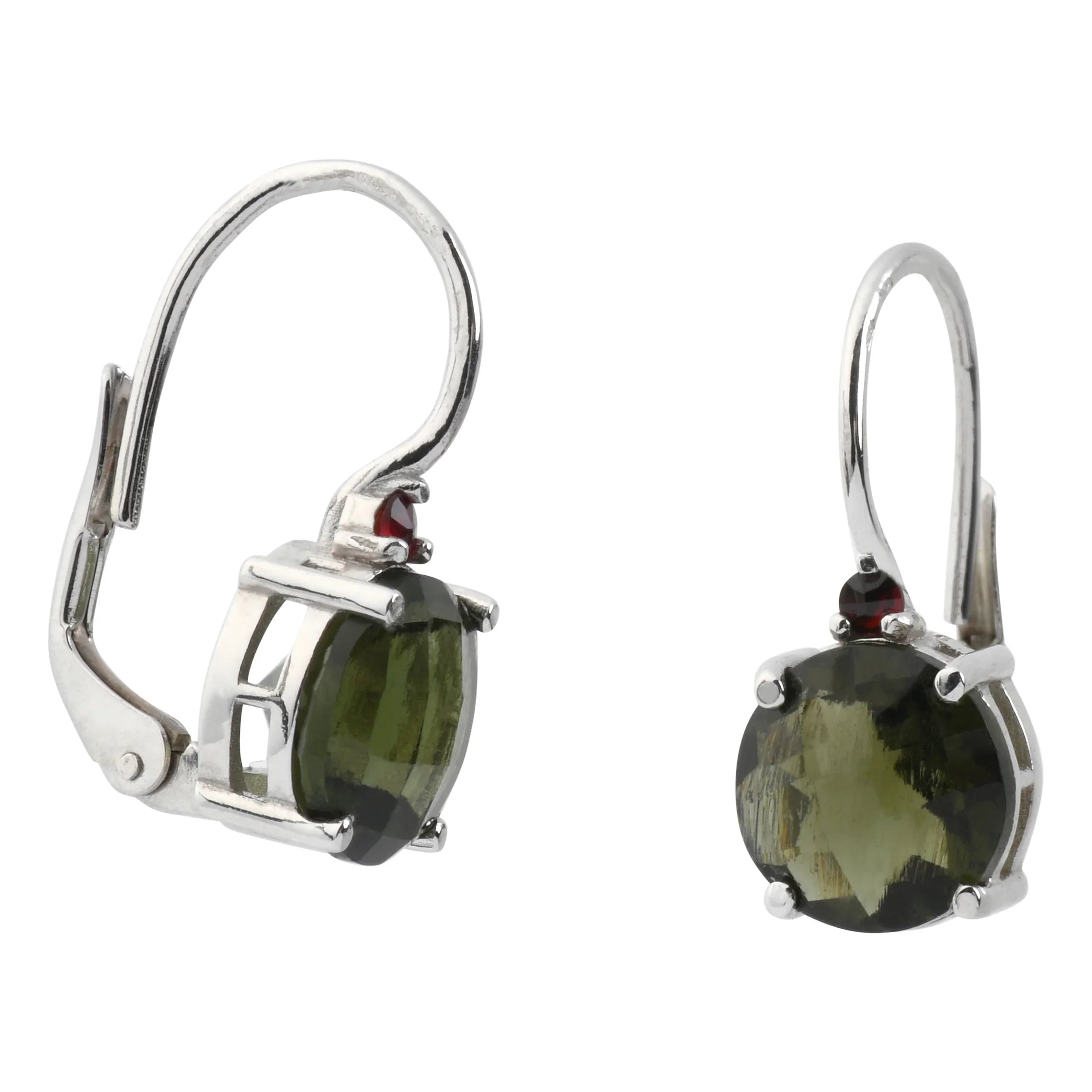 Round Faceted Moldavite Earrings with Faceted Garnet Accent Earring