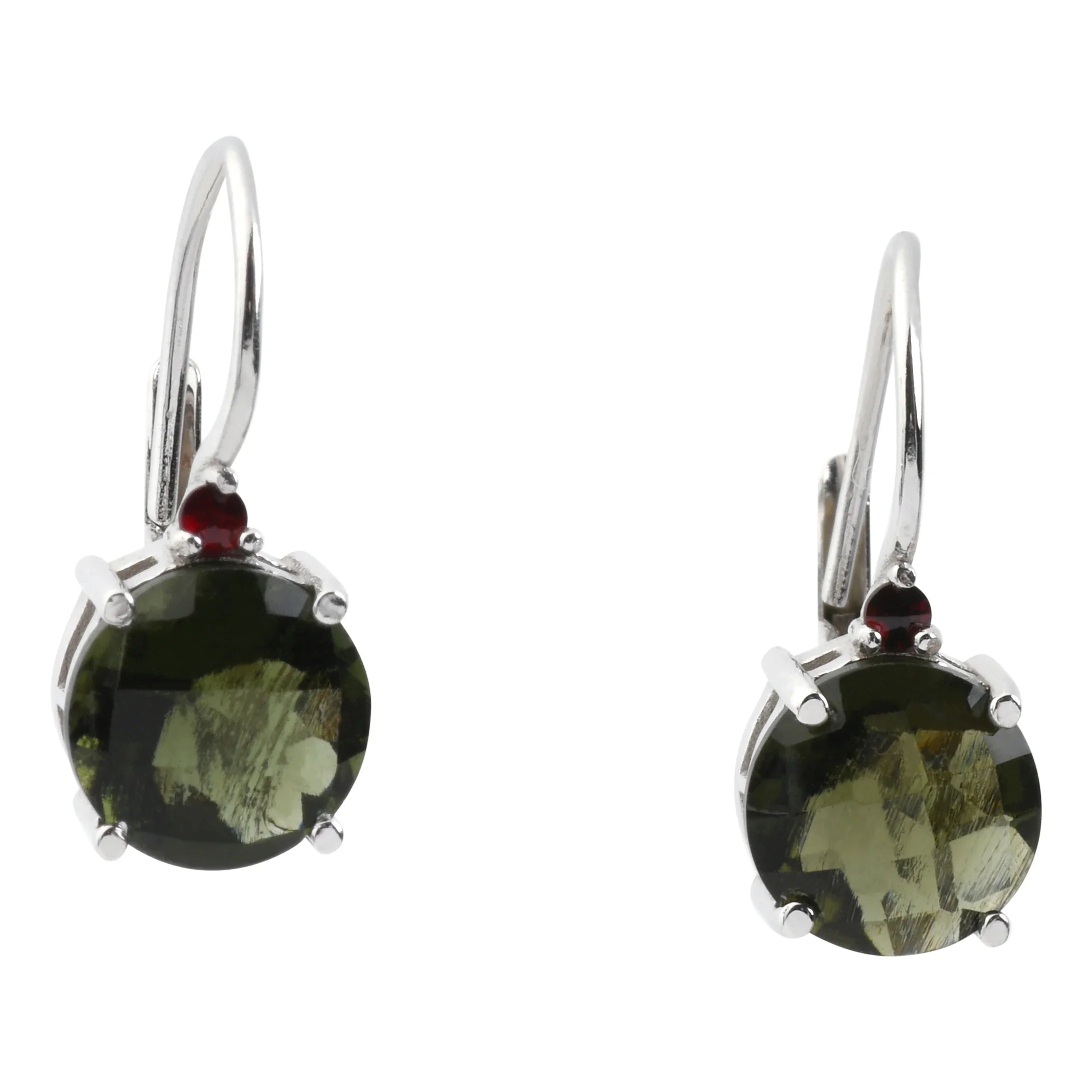 Round Faceted Moldavite Earrings with Faceted Garnet Accent Earring