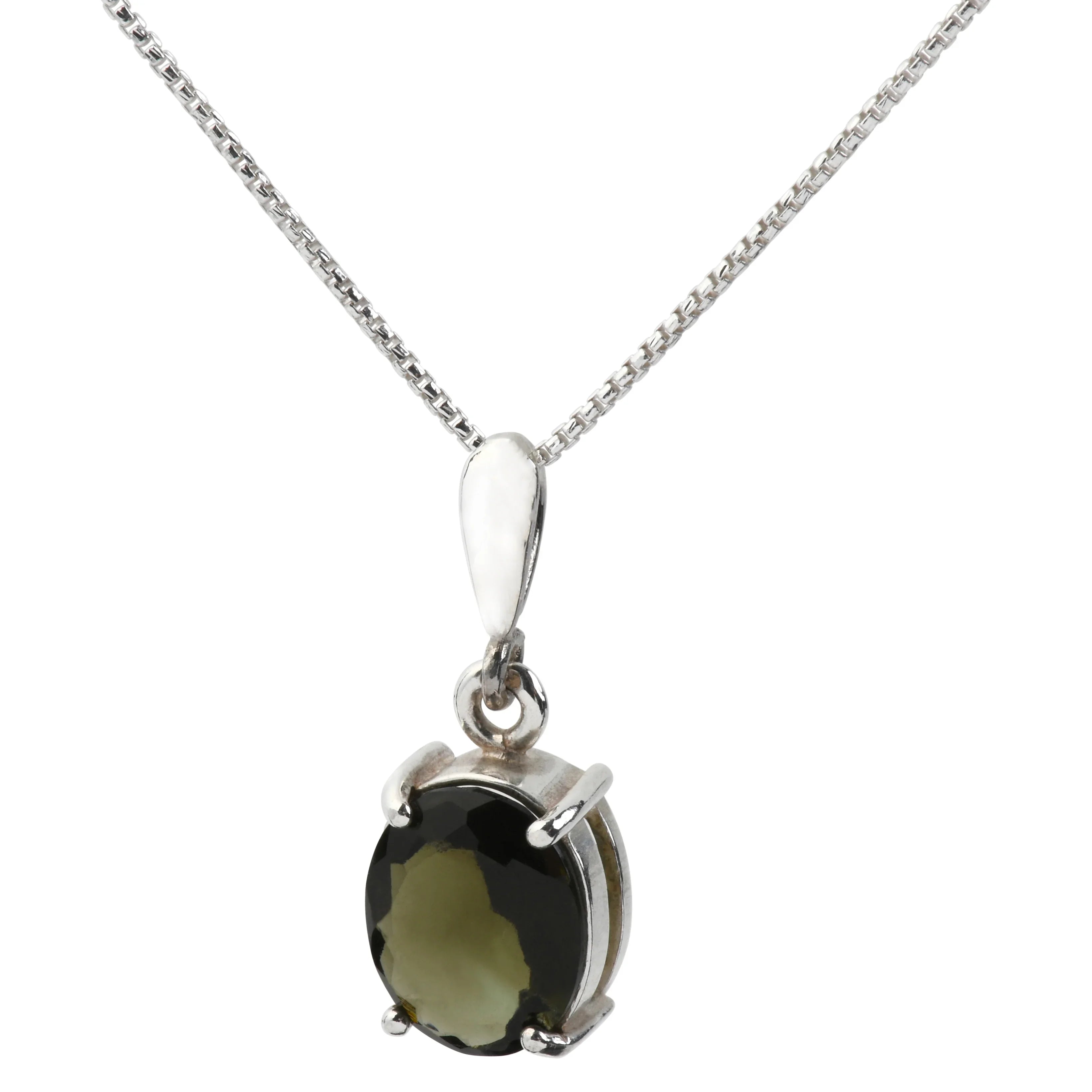 Moldavite Faceted Oval Pendant Sterling Silver