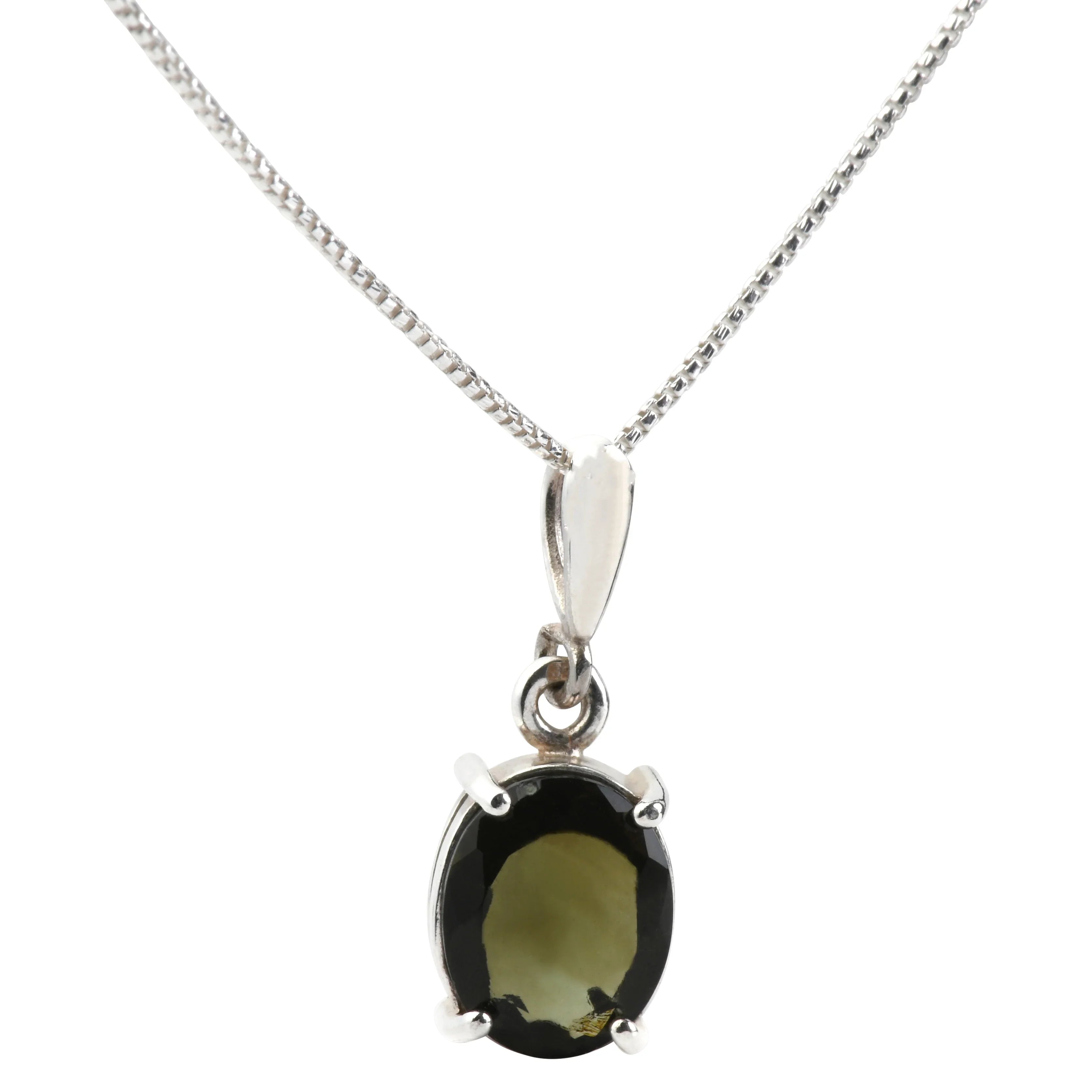Moldavite Faceted Oval Pendant Sterling Silver Up Close