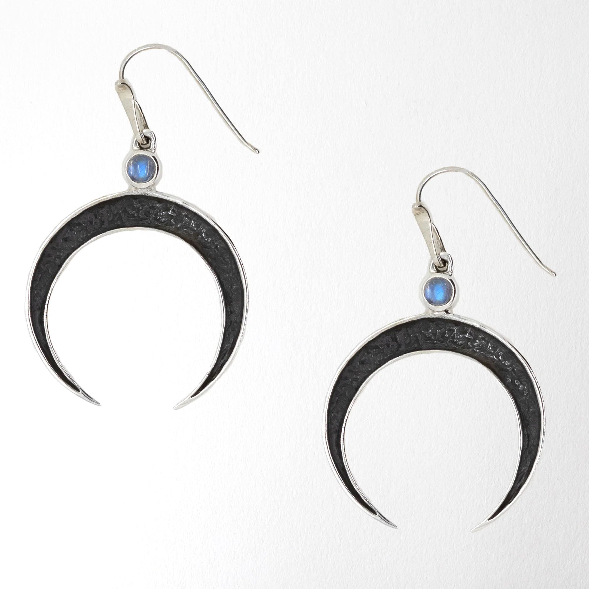 Crescent Moon Earrings Rainbow Moonstone