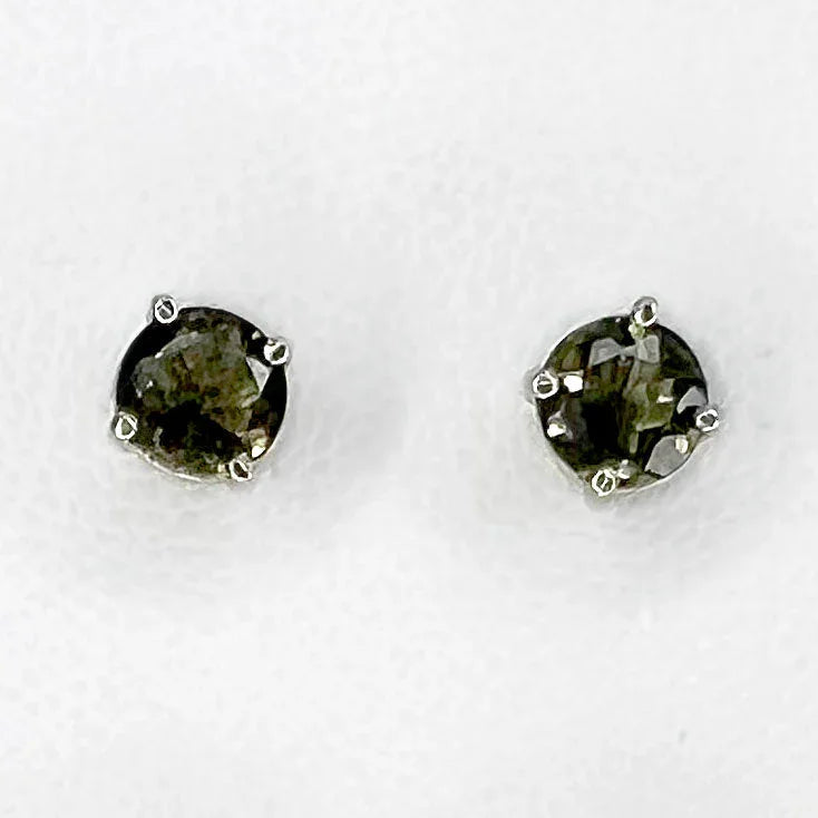 Moldavite Faceted Post Earrings in Sterling Silver round