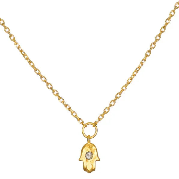 Labradorite Mini Hamsa Pendant Gold Necklace, 18KT Gold Plated Brass, 16"