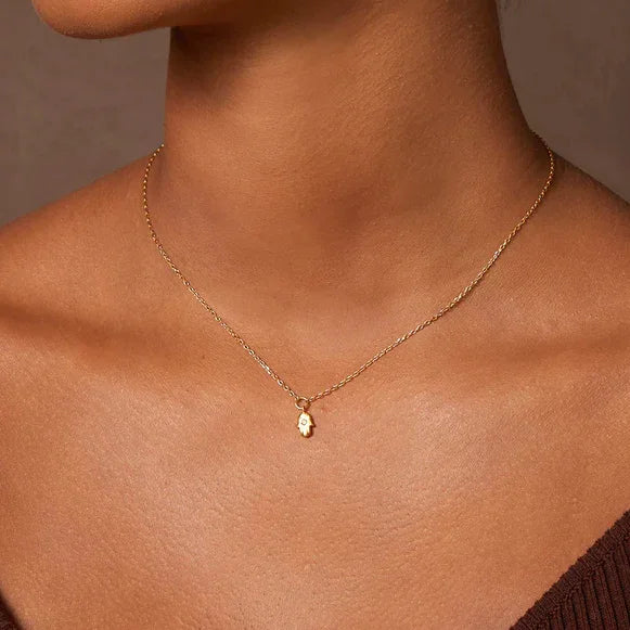 Labradorite Mini Hamsa Pendant Gold Necklace, 18KT Gold Plated Brass, 16" on model