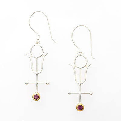Antimony Earrings Elemental Symbol with Rhodolite Garnet