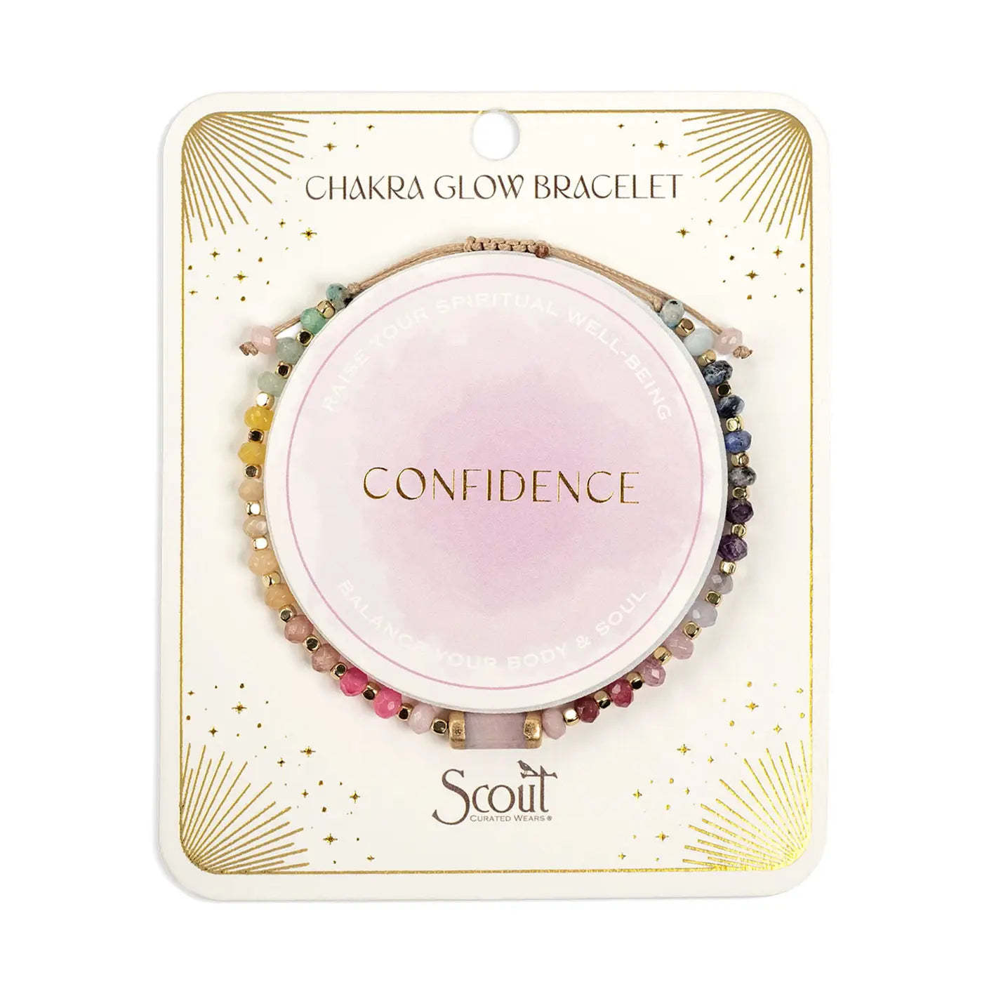 Chakra glow bracelet packaging with 'Confidence' on a pink disc, branded as Scout.