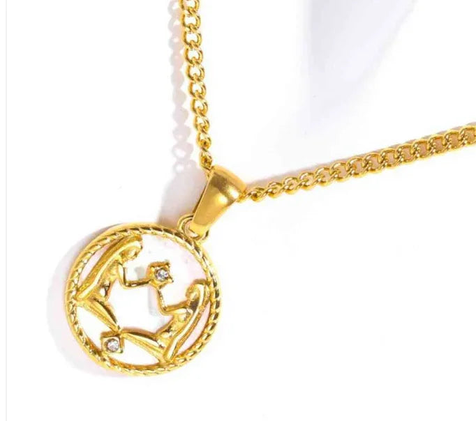 Gemini Mother Of Pearl Astrological Zodiac Medallion Necklace Upclose