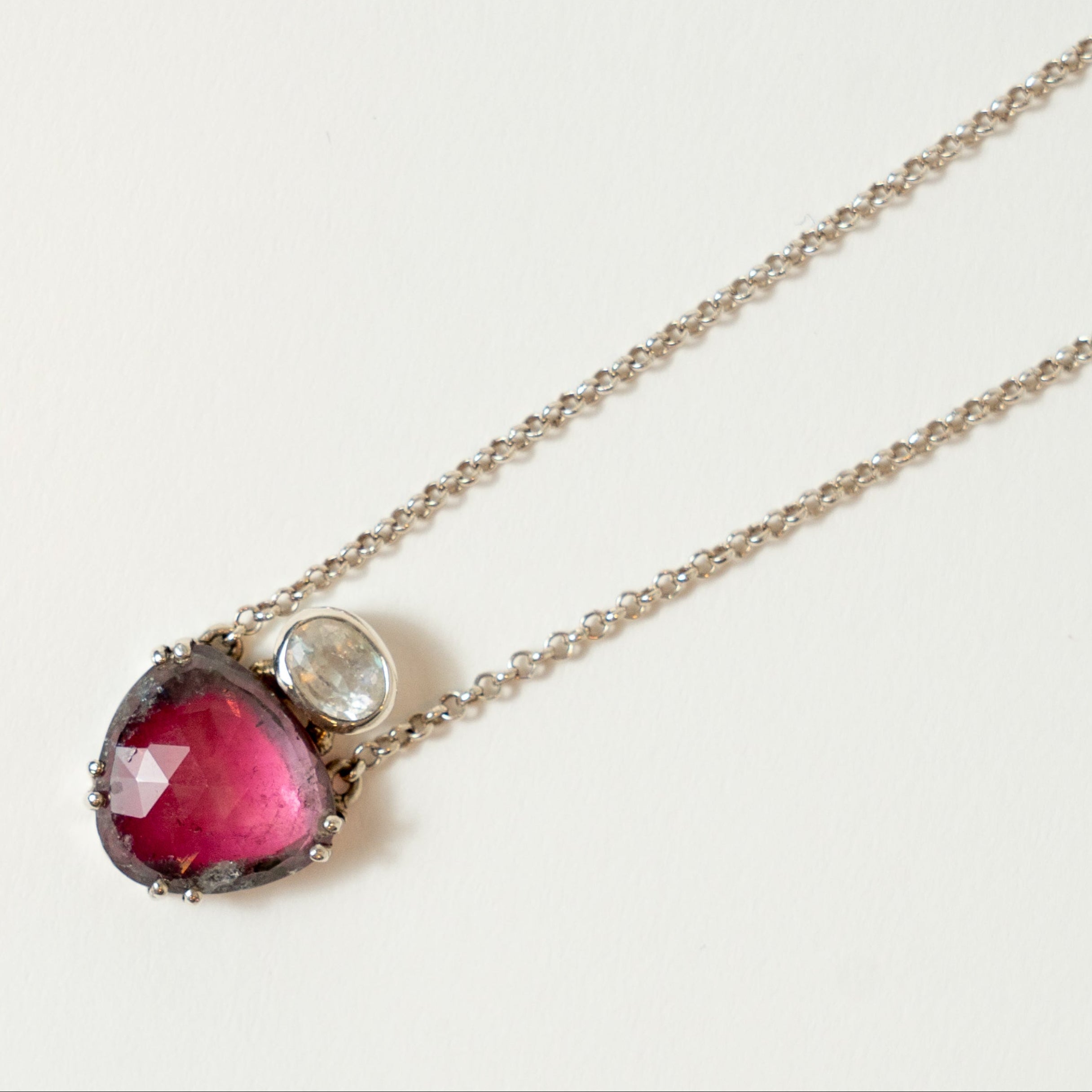 Watermelon Tourmaline with Rainbow Moonstone Sterling Silver Necklace