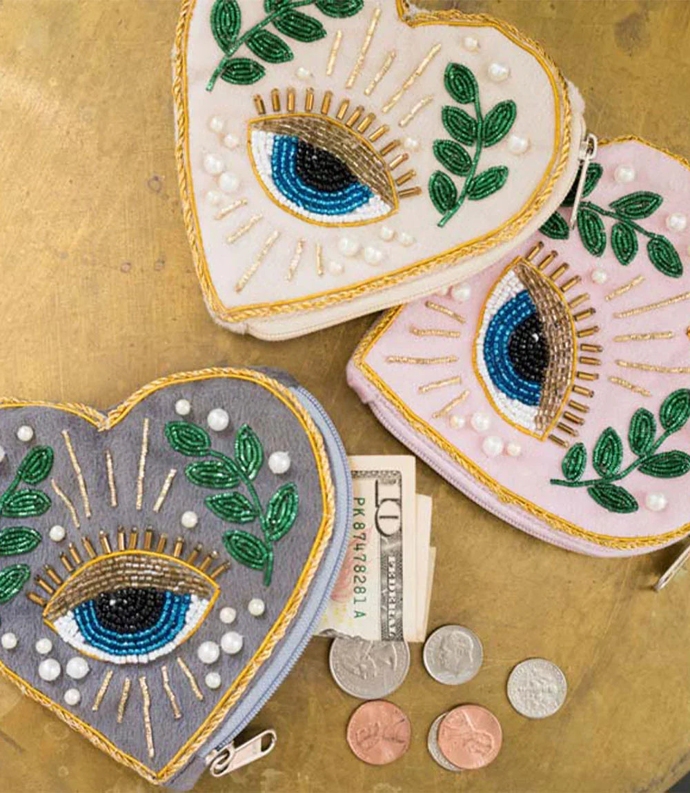 Evil Eye Heart Shaped Zippered Coin Purse with Change