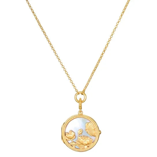 MOP Take Flight Butterfly Nature Locket Gold Necklace, 18KT Gold Plated Brass, 18" front