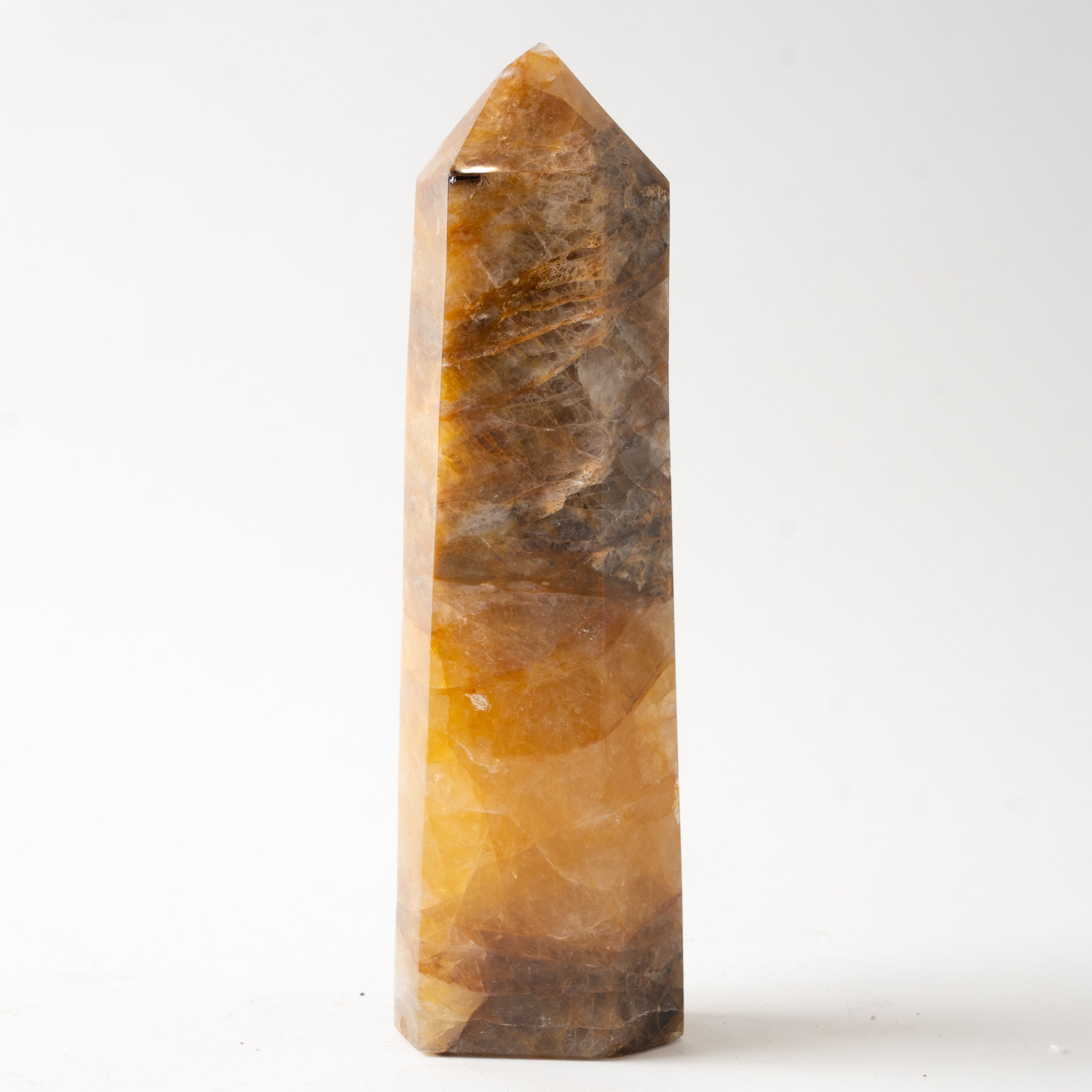 A polished natural Golden Healer quartz crystal point with marbled patterns of golden yellow, amber, and dark brown, standing upright on a white background.