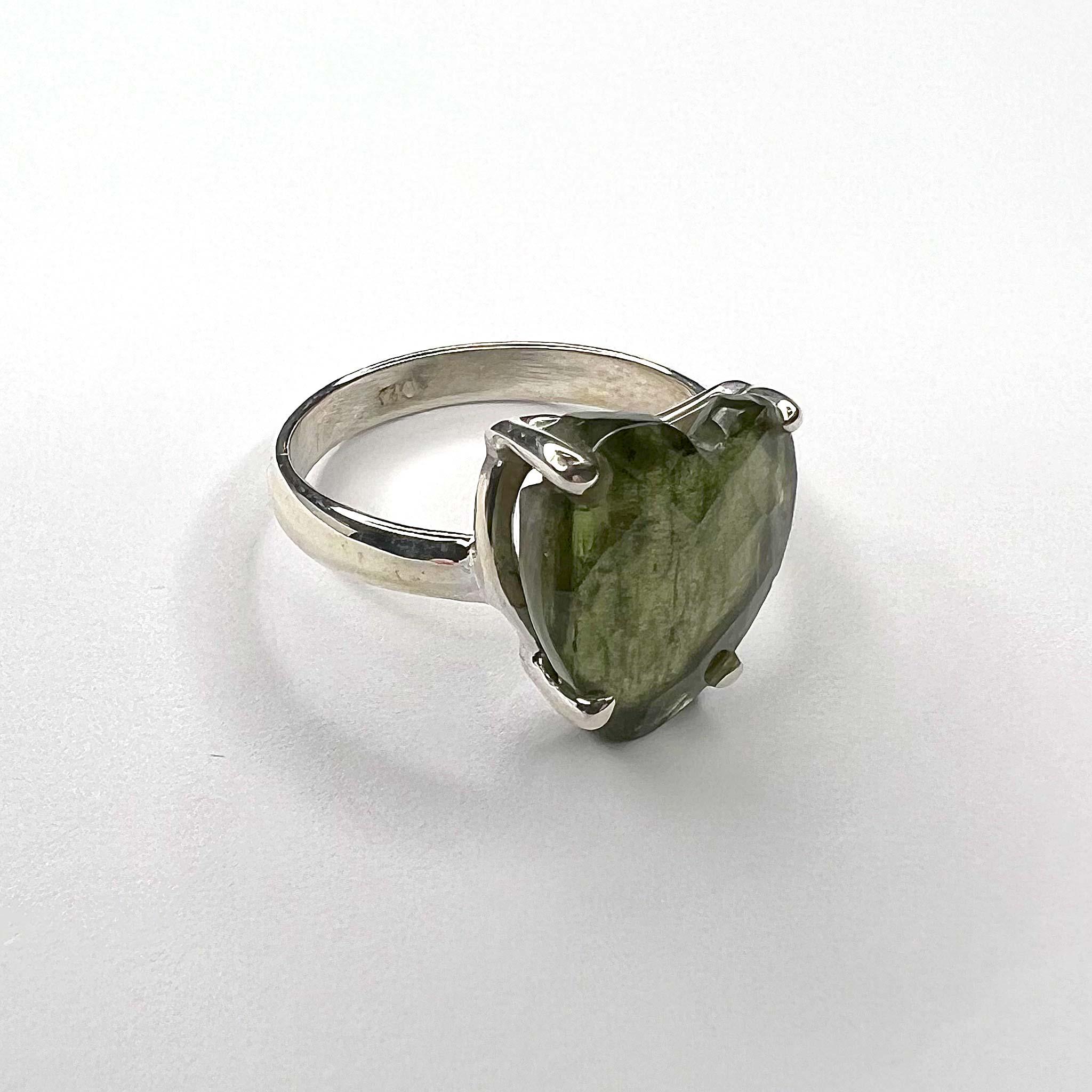 Moldavite Faceted Heart Ring side