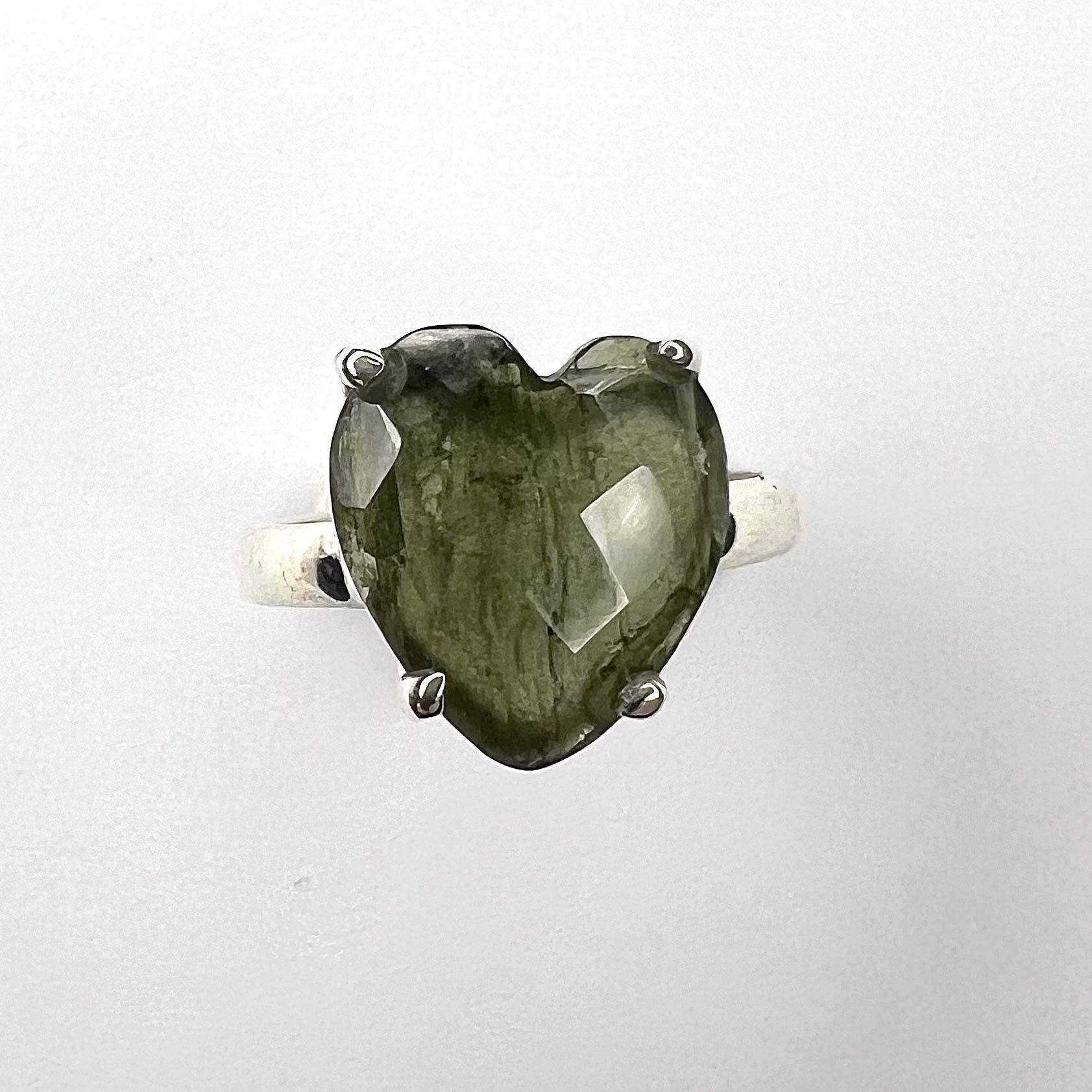 Moldavite Faceted Heart Ring front