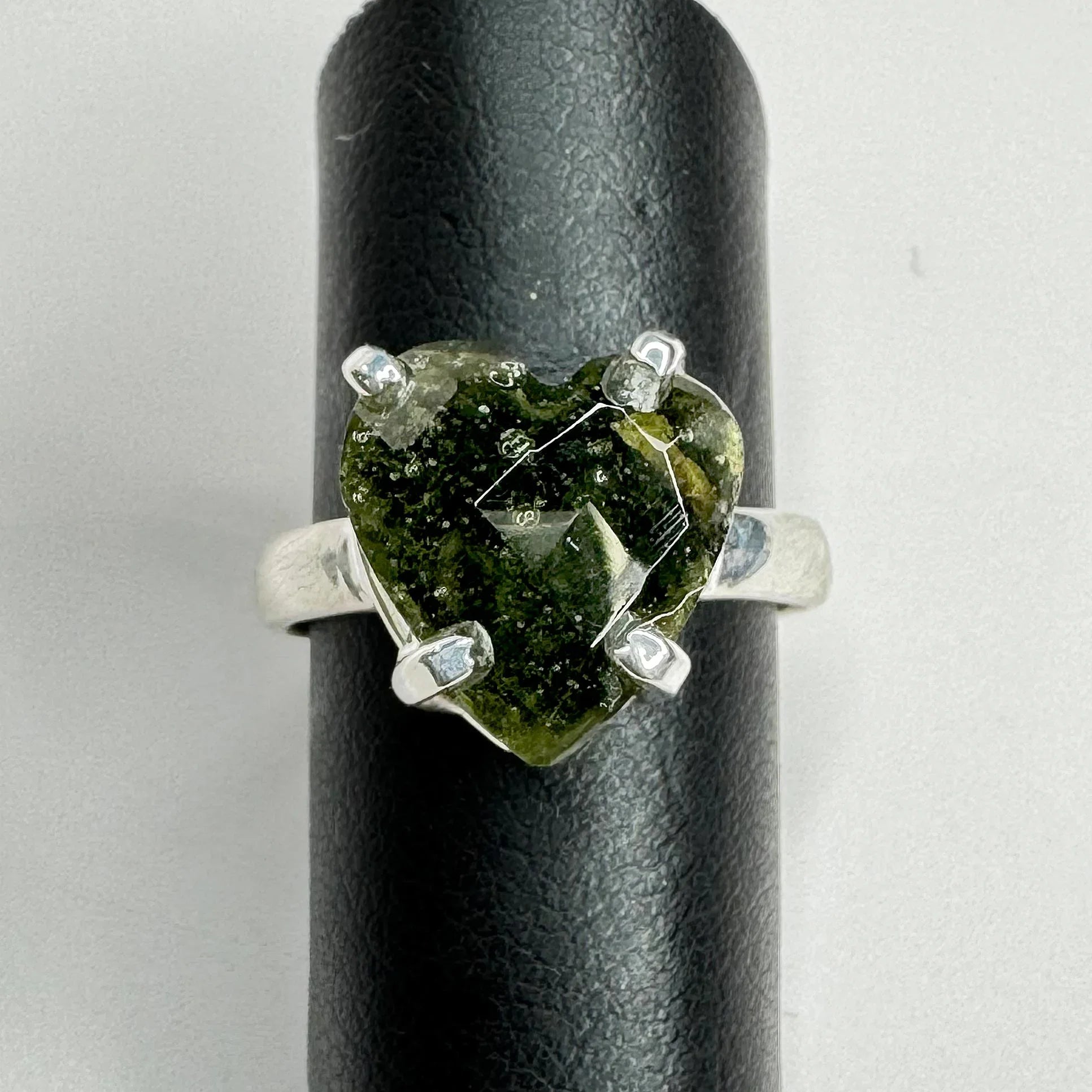 Moldavite Faceted Heart Ring with Sterling Silver top view