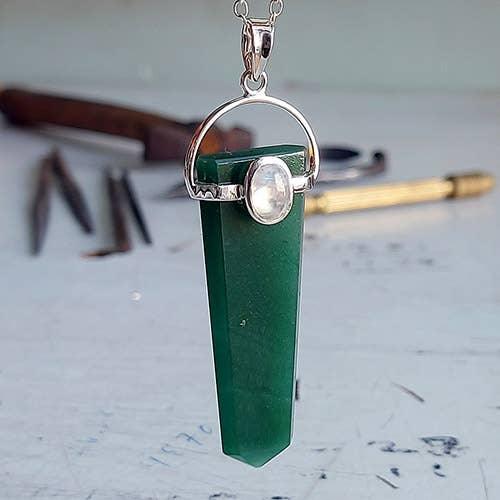 Jade & Rainbow Moonstone Point Pendant Up Close