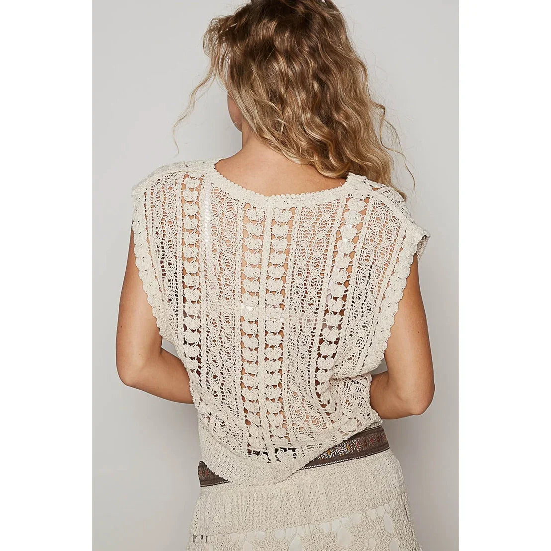 Beige Crochet Sleeveless V-Neck Top Back