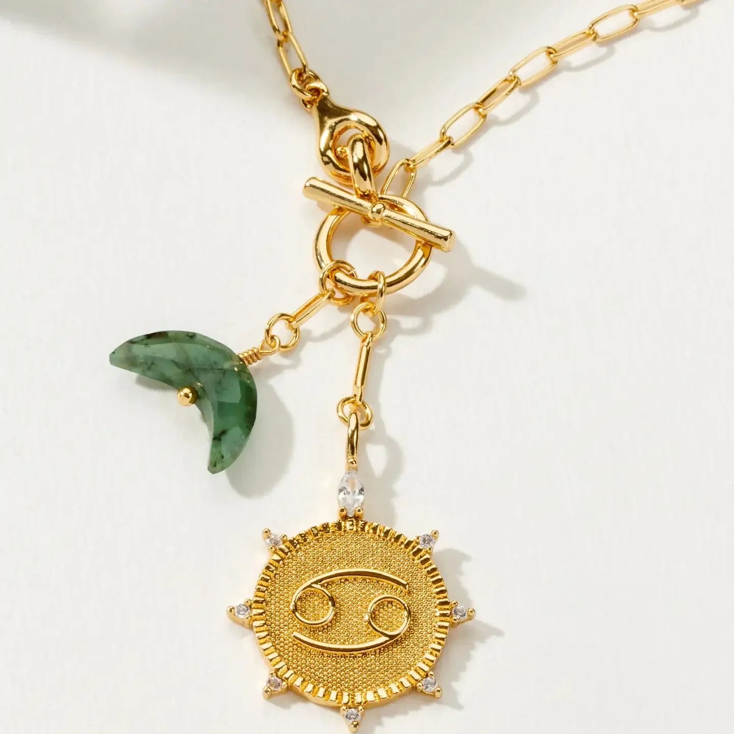 Cancer Zodiac Sign Emerald Crescent Moon Necklace