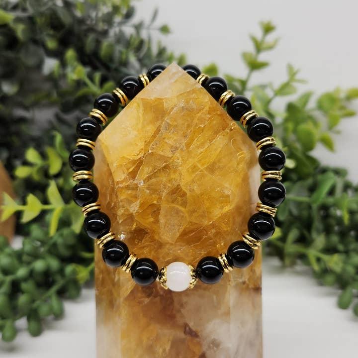 Obsidian With Selenite 8mm Smooth Bead Bracelet, Gold Colored Metal Beads Full View