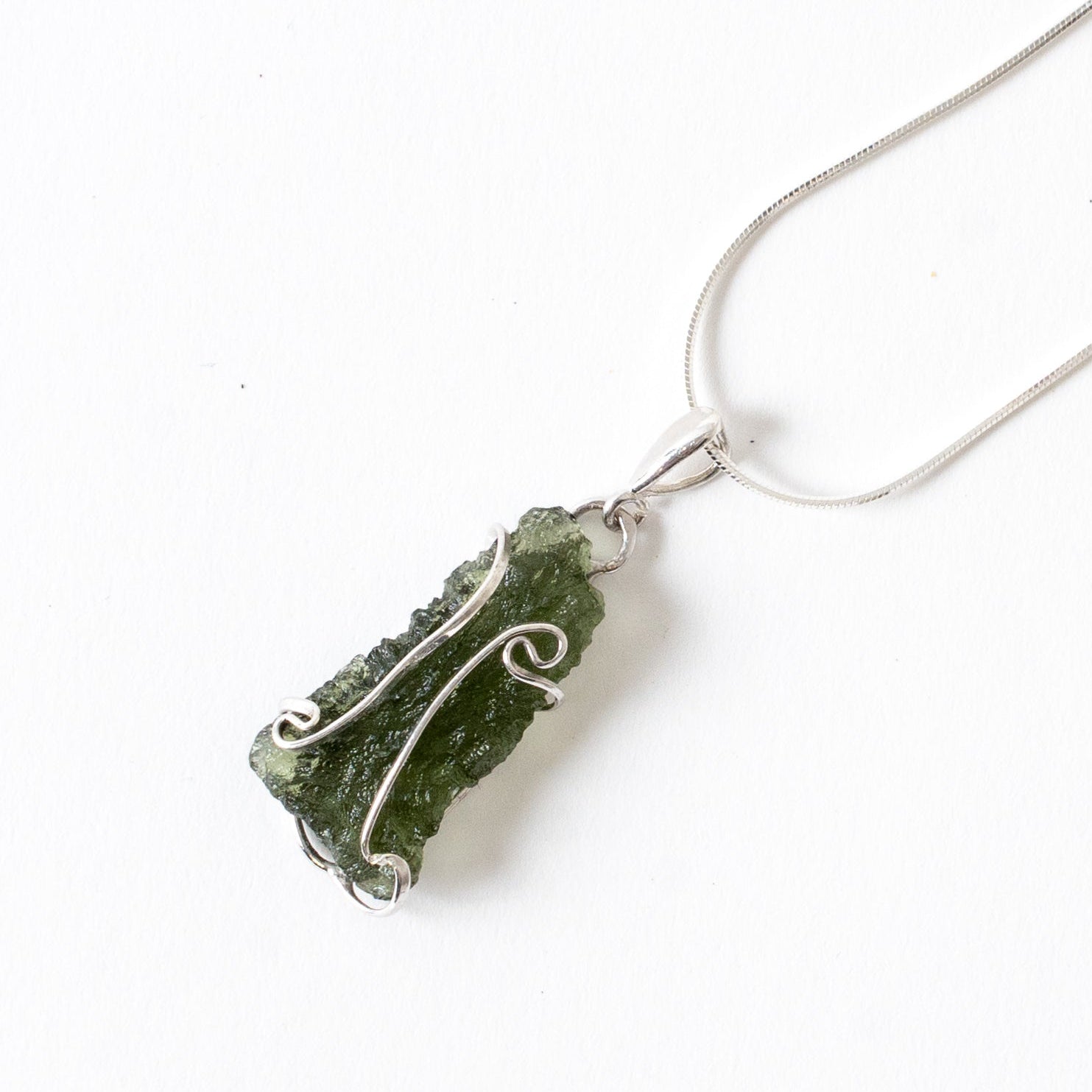 Modern Wire Wrapped Rough Moldavite Pendant Necklace Sterling Silver 1