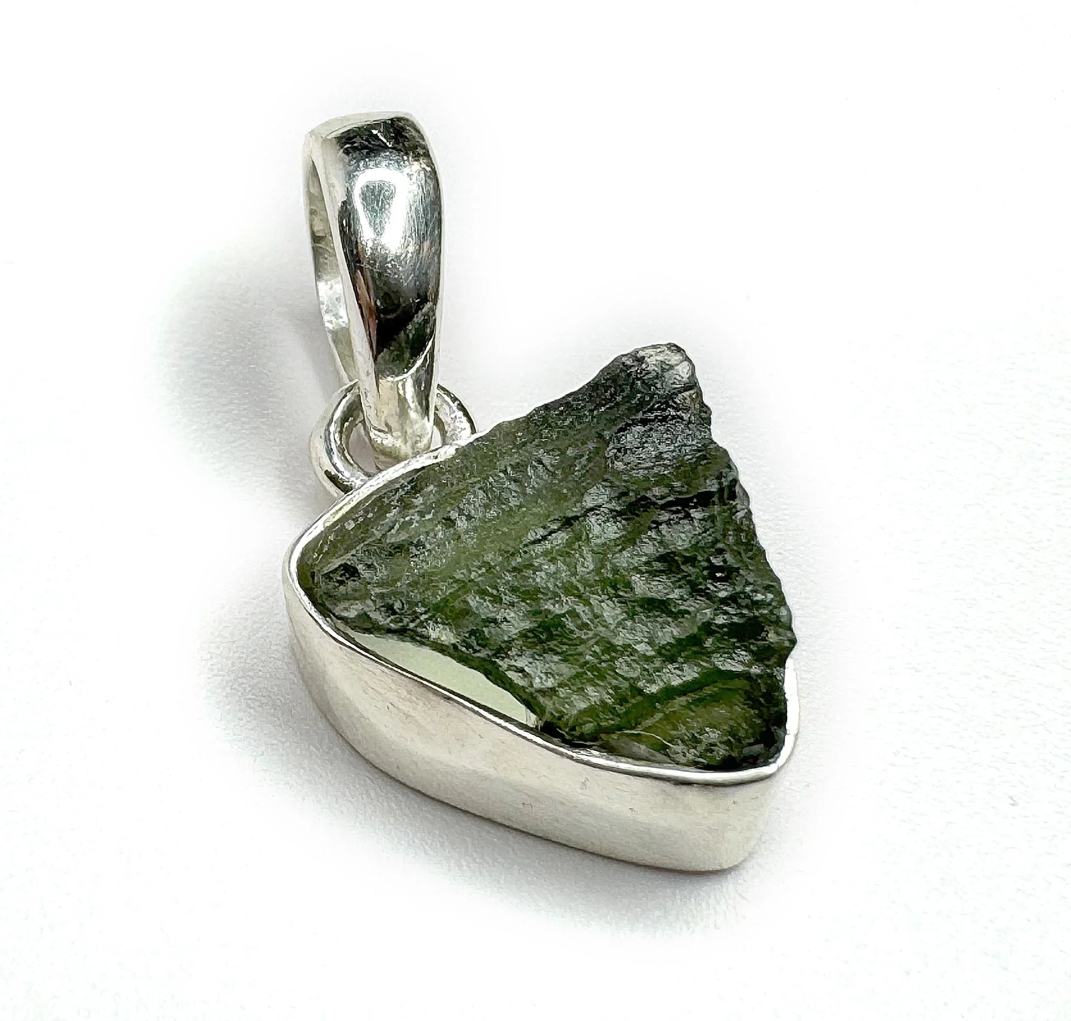 Moldavite Rough Sterling Silver Pendant left view