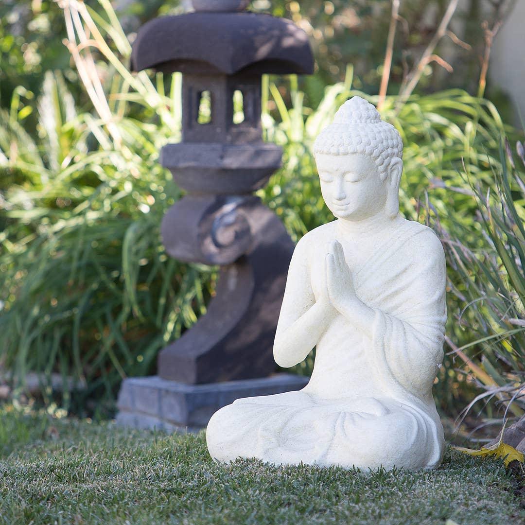 Namaste Sitting Buddha Garden Statue By Lantern