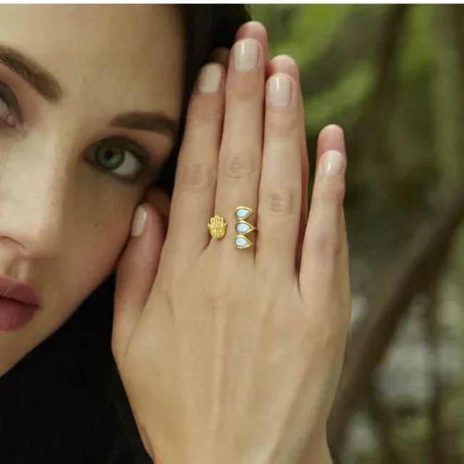 Blessed Insight Labradorite Hamsa Adjustable Ring