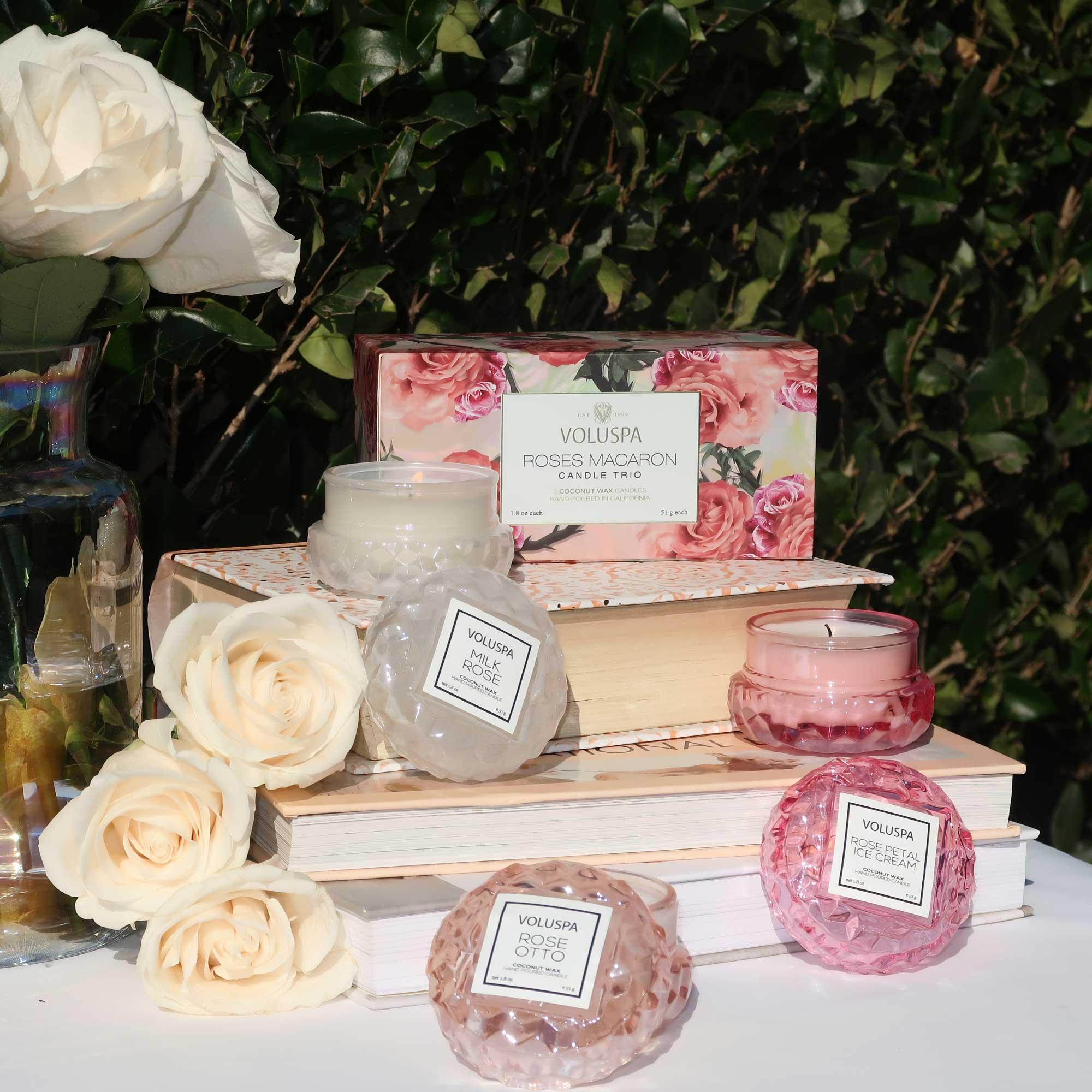 Roses Macaroon Trio Candle Gift Set with background
